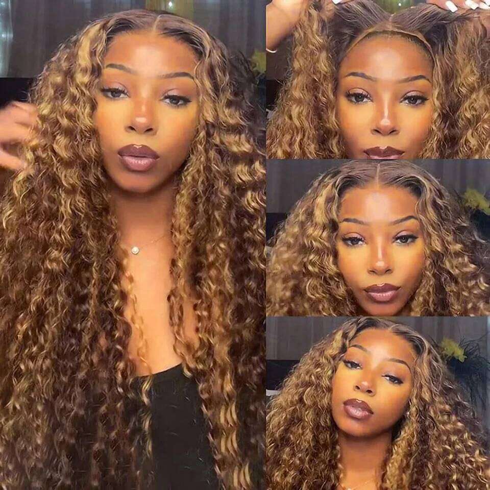Highlight Ombre Front Wig Human Hair Brazilian Honey Blonde Kinky Curly Preplucked For Women HD Lace Wigs