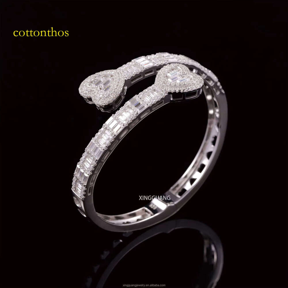 New Custom Heart Baguette VVS Moissanite Dias S Sterling Sier Open Bangle Unisex Bracelet Jewelry