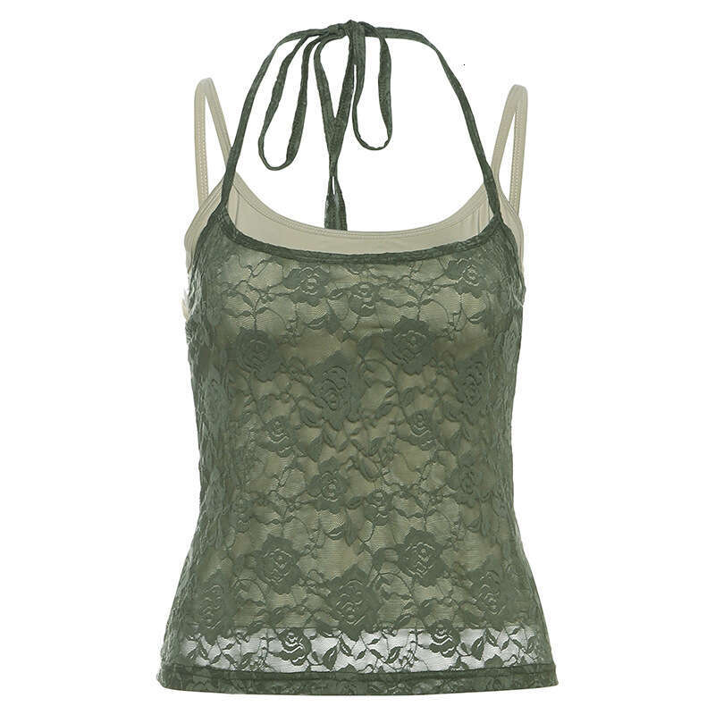 2025 Spring New Women's Solid Color Slim Street Style Fashion Camisole Mesh Two-Piece Set Vest cdd
