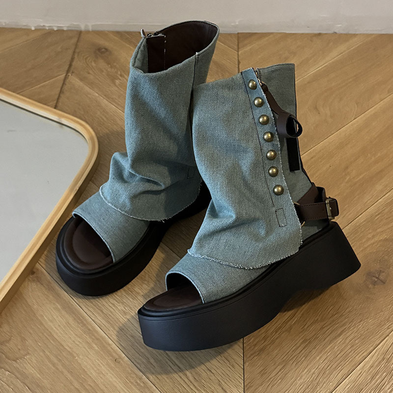 Ddmysports New Denim Studded Open Toe Roman Sandals Thick Soled Platform Tube Slim Boots For Petite Women Outdoor Shoes