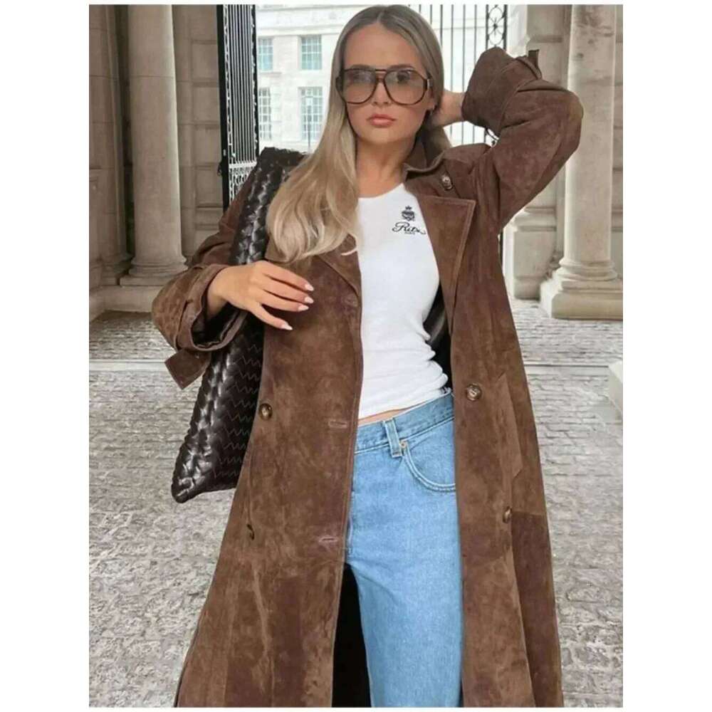 Designer Clothing Chic Lapel Long Sleeve Fashion Brown Women Imitation Deer Fur Coat High Street Outwear Double-Breasted Windbreaker Autumn Lady Fashi