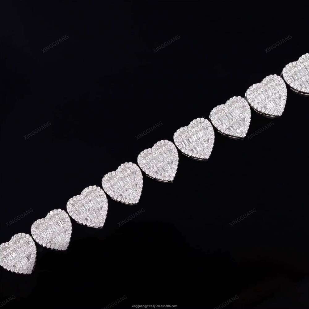 Pass Dia test Heart Charms baguette Cut Moissanite Links White Gold Plated S Sier Cuban Chains Bracelet