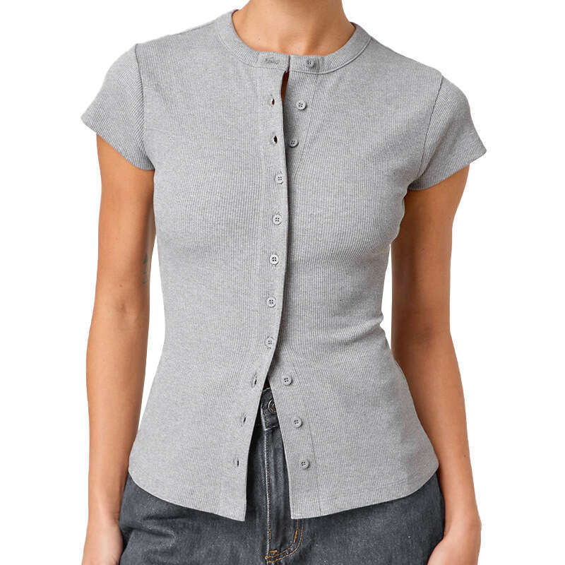 Y25tp017 Women's Spring And Summer New Solid Color Sexy Button Short Sleeve T-Shirt Top B5