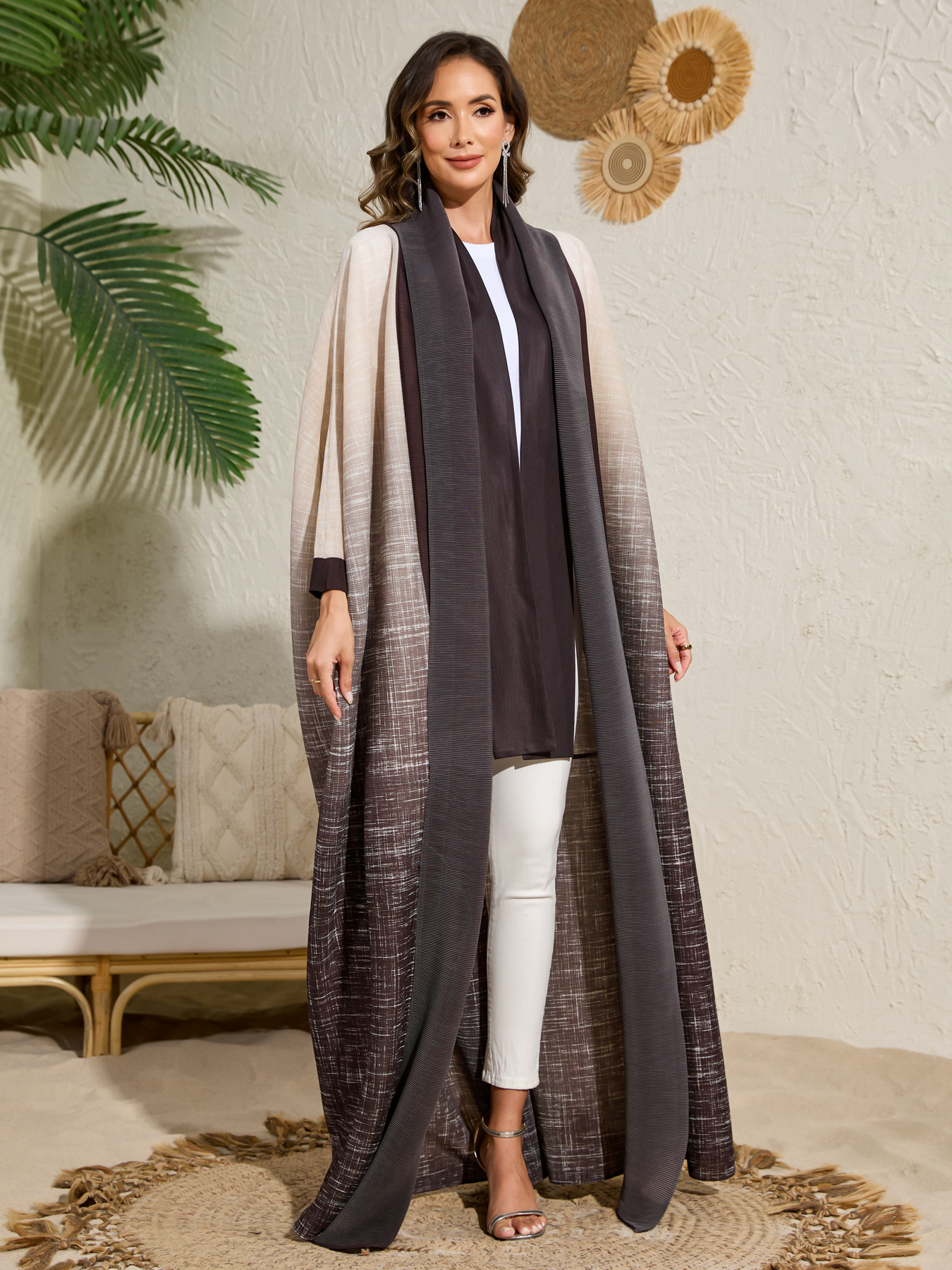 Long robe coat Ethnic Clothing The Middle Eastern printed pleated robe coat is elegant in Arab style NZ018