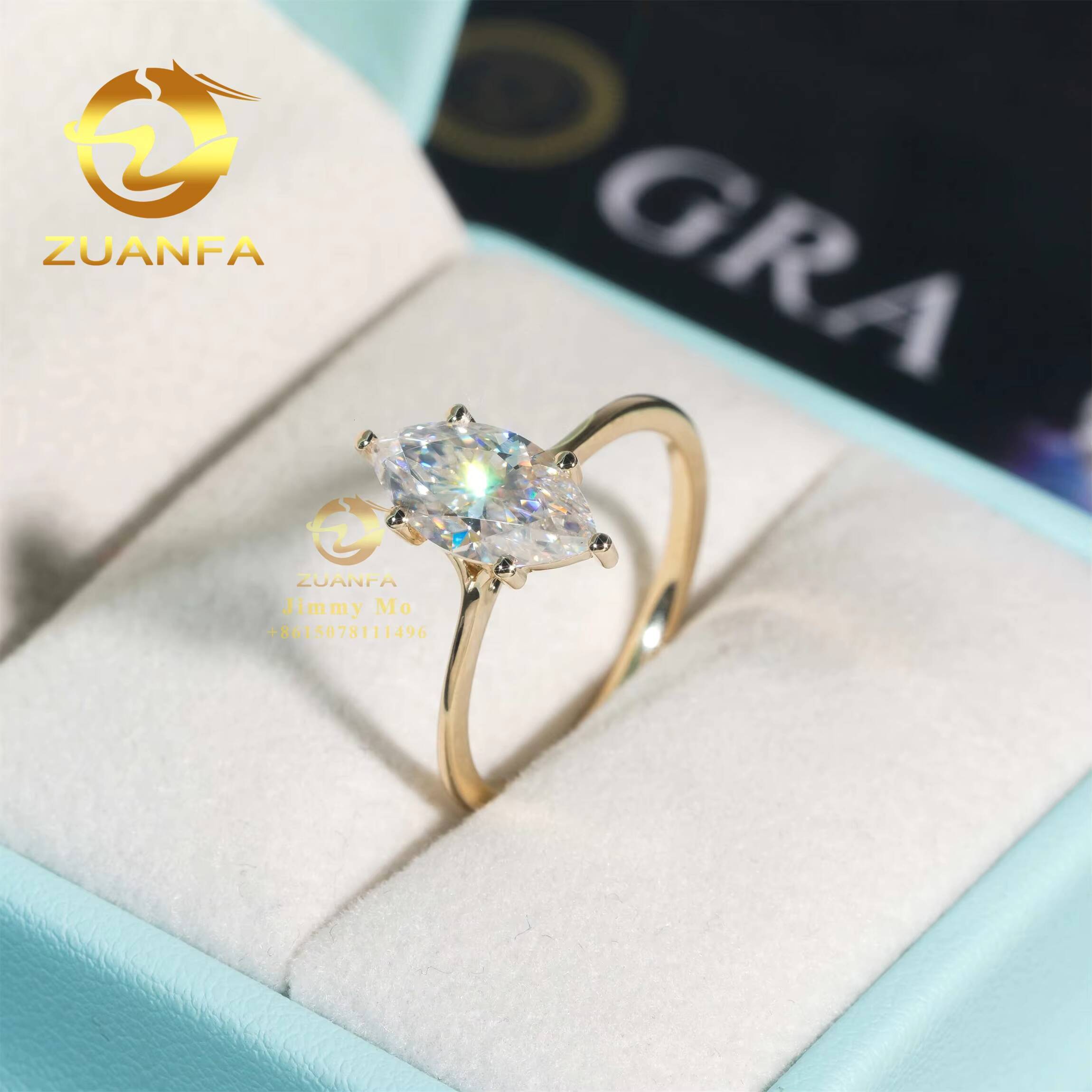 14k Yellow Gold 6*12mm 2ct Marquise Moissanite Diamond Engagement Wedding Solitaire Ring Women With GRA Certificate