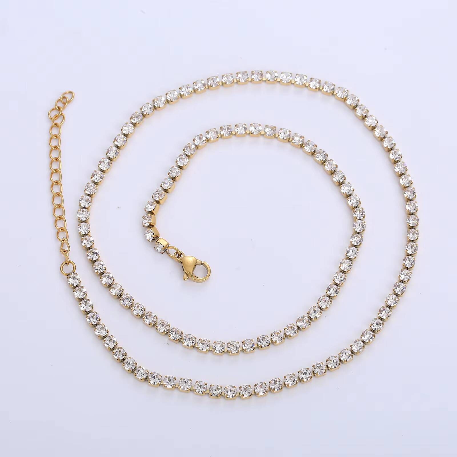 Trendy Womens Stainless Steel Tennis Chain Necklace Gold Plated with 3mm 4mm Cubic Zirconia Geometric Shape for Anniversaries