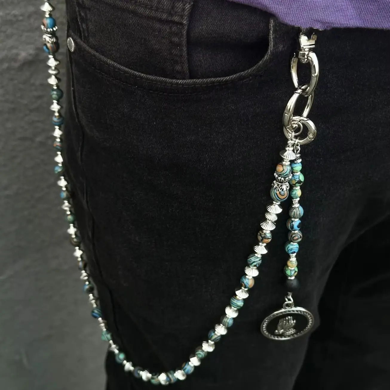 Original punk style pants chain handmade turquoise retro jeans decoration 250722