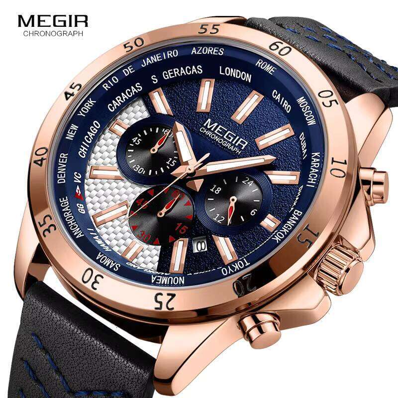 MEGIR Men's Oversized Chronograph Watch - 48mm Genuine Leather, Waterproof, Luminous - Bulk Wholesale Watch