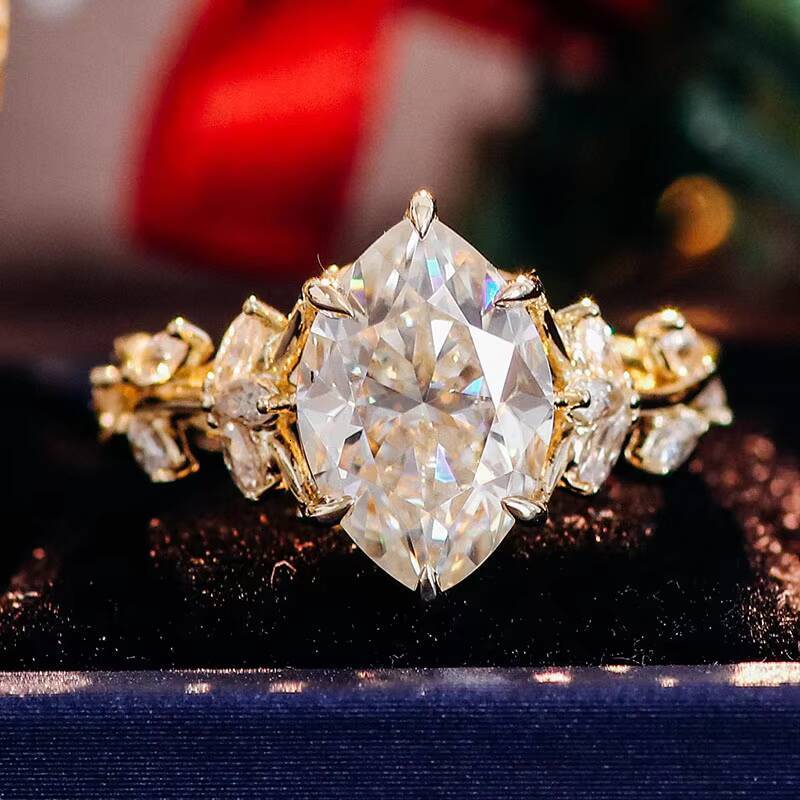 Moissanite Jewelry 10k Promise Ring With Fat Marquise Rose Cut Diamond Engagement Ring Leaves Band for Women