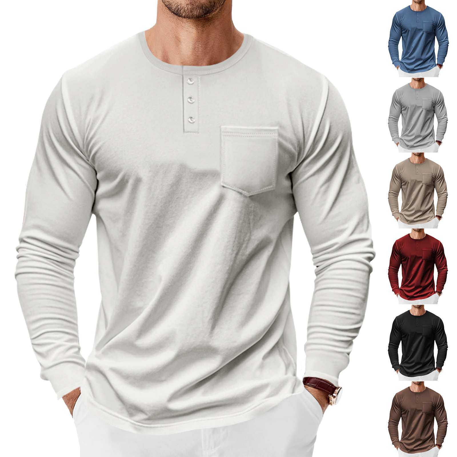 Men's T-shirt Fashion Top Casual Henley Shirt Long Sleeve Hardman Style Men's Breathable Quick Drying Patch Bag T-shirt Men European size: S