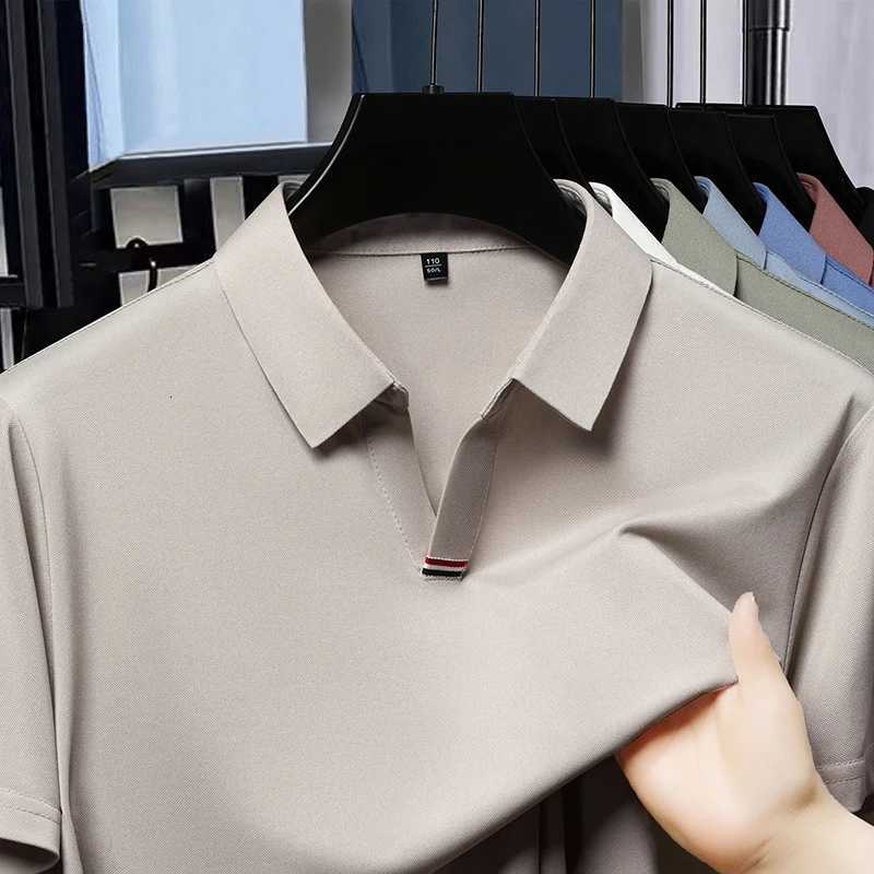 High Quality Brand Solid Color V-Neck Short Sleeve Polo Shirt Men Summer Fashion Simple Casual Ice Silk Breathable Lapel T-Shirt XJ250725