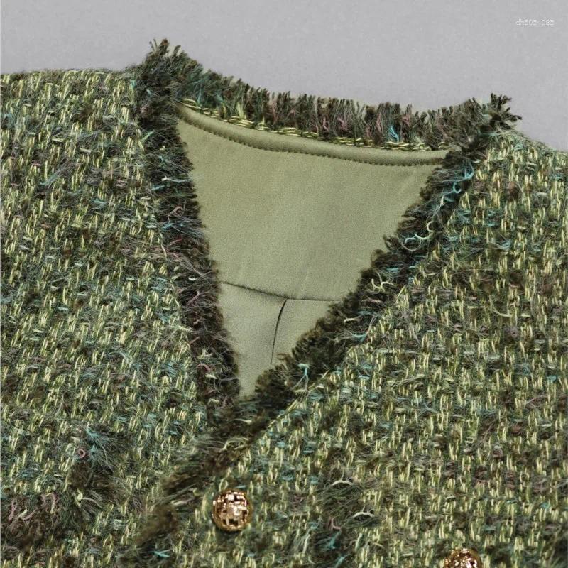 Women's Jackets Green Tweed Jacket Woven Small Fragrance Autumn/winter Clothing Elegant Top For Socialites Tassel Classic