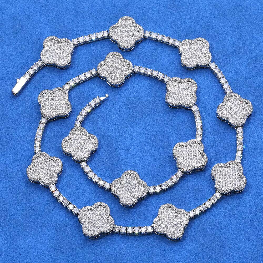 Hip Hop Clover Tennis Chain S925 Silver Moissanite Men Versatile Necklace Versatile