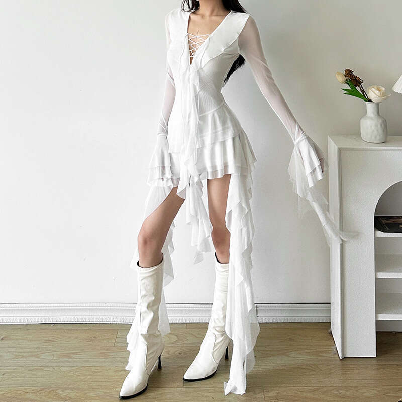 2024 Autumn New Women's Solid Color Slim Fit Street Fashion High Waist V-Neck Long Sleeve Dress 4bb