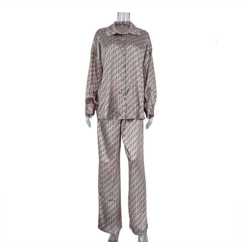 Designer Leisure High Quality Fashion Casual Satin Printing Two Piece Set Spring Women Long Sleeved Loose Shirt+High Waist Wide Leg Pants Street Summe