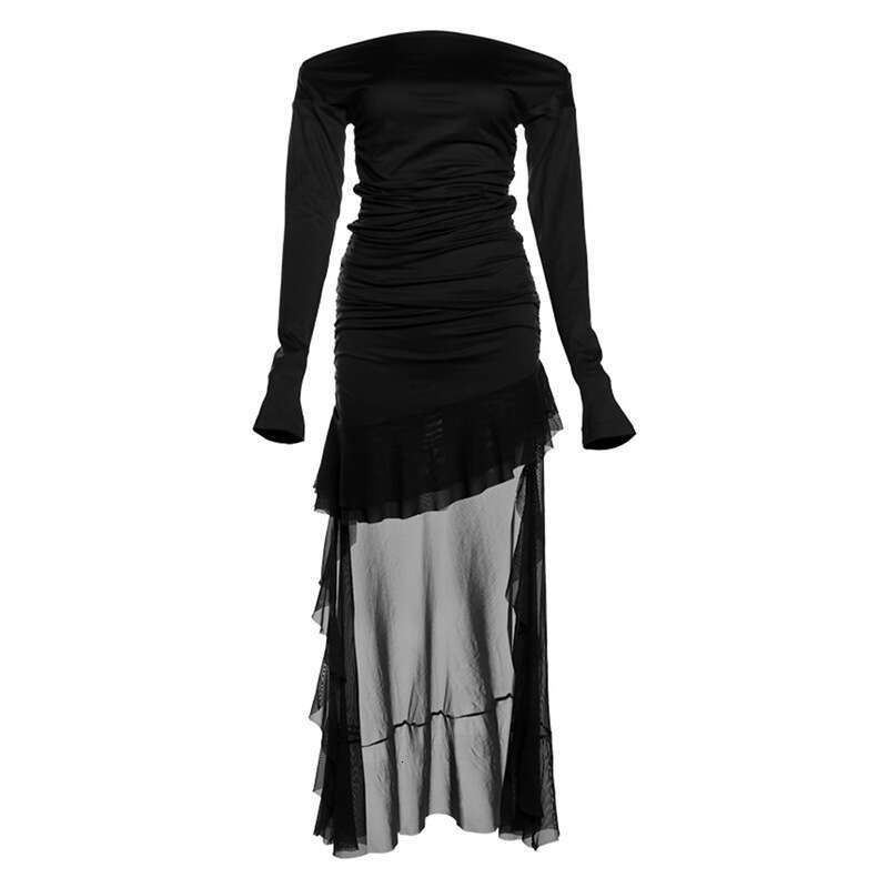 2024 Autumn Winter New Women's Solid Color Slim High Waist Fashion Off-Shoulder Long Sleeve Dress a27