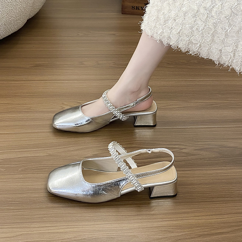 Ddmysports Square Chunky Fashion Single Closed Toe Sandals New Style Backless Shallow Mouth Mid Heel Mary Jane Women Shoes Outdoor Shoes