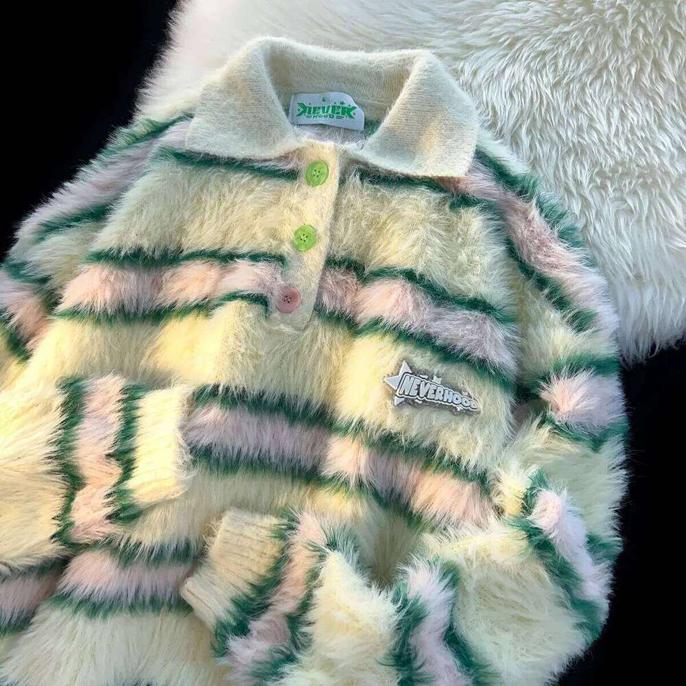Pink Striped Mohair Knit Sweater Women's Polo Neck Y2K Japanese Small Fresh Loose Pair Pullover Top Boys Girls Spring 2023 New