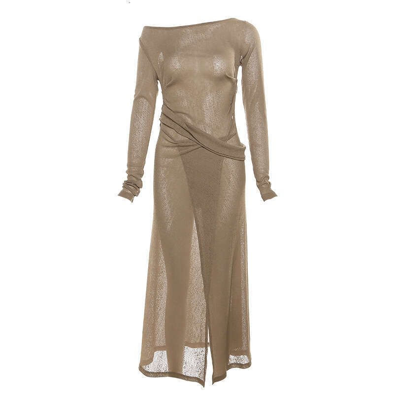 2023 Summer New Women's Solid Color Slim Street Fashion Asymmetrical Neck Long Sleeve Split Dress d3d