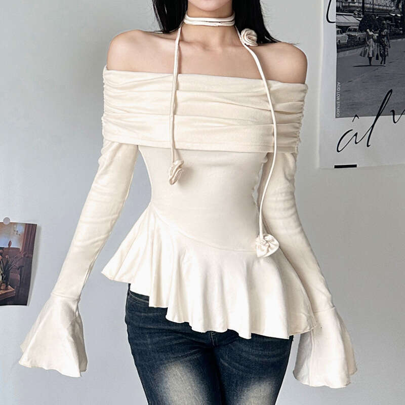 2023 Autumn Winter New Women's Street Fashion Solid Color Off-Shoulder Long Sleeve T-Shirt 710