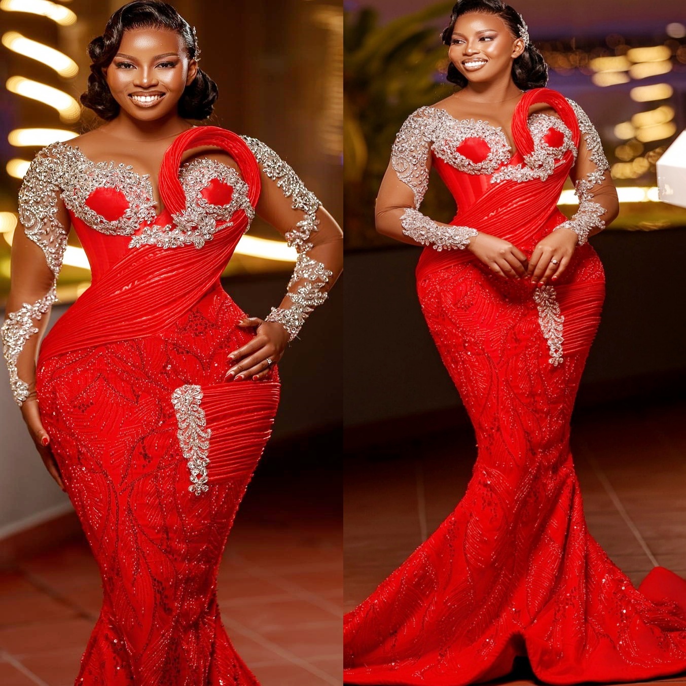 Mermaid Red Prom Dresses 2025 Crystals Lace Sheer Neck Stylish Evening Formal Party Second Birthday Engagement Gowns Plus Size Dress For Special Occas