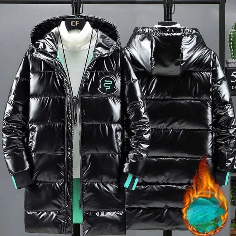 Mens Mid Length Cotton Down Jacket Thick Down Overcoat Glossy Coat Quilted Hoodie Hat Winter Trend Casual New X250725
