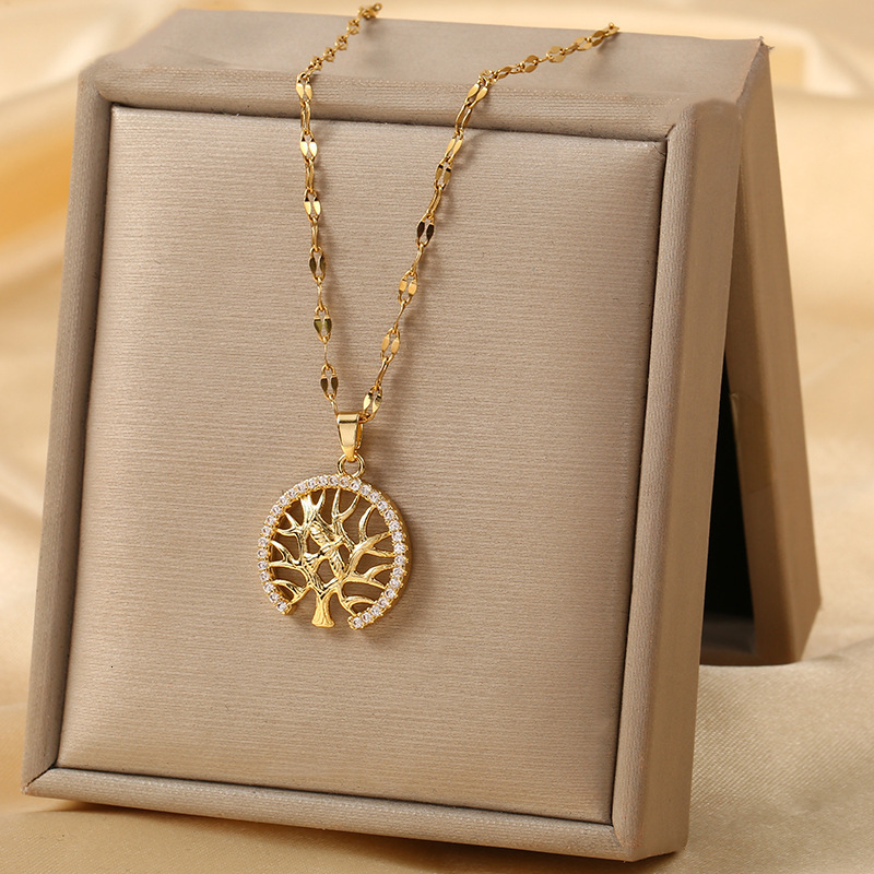 Trendy Round Hollow Tree of Life Pendant for Women Zircon Necklace Geometric Collarbone Chain Jewelry for Women