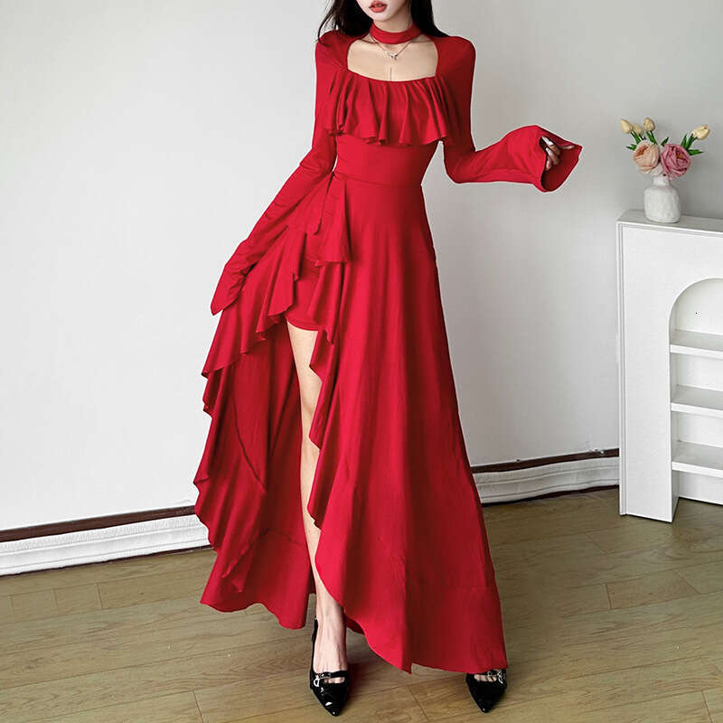 2024 Autumn Winter New Solid Color Sexy Long Sleeve Square Neck High Waist Mid-Length Dress c15