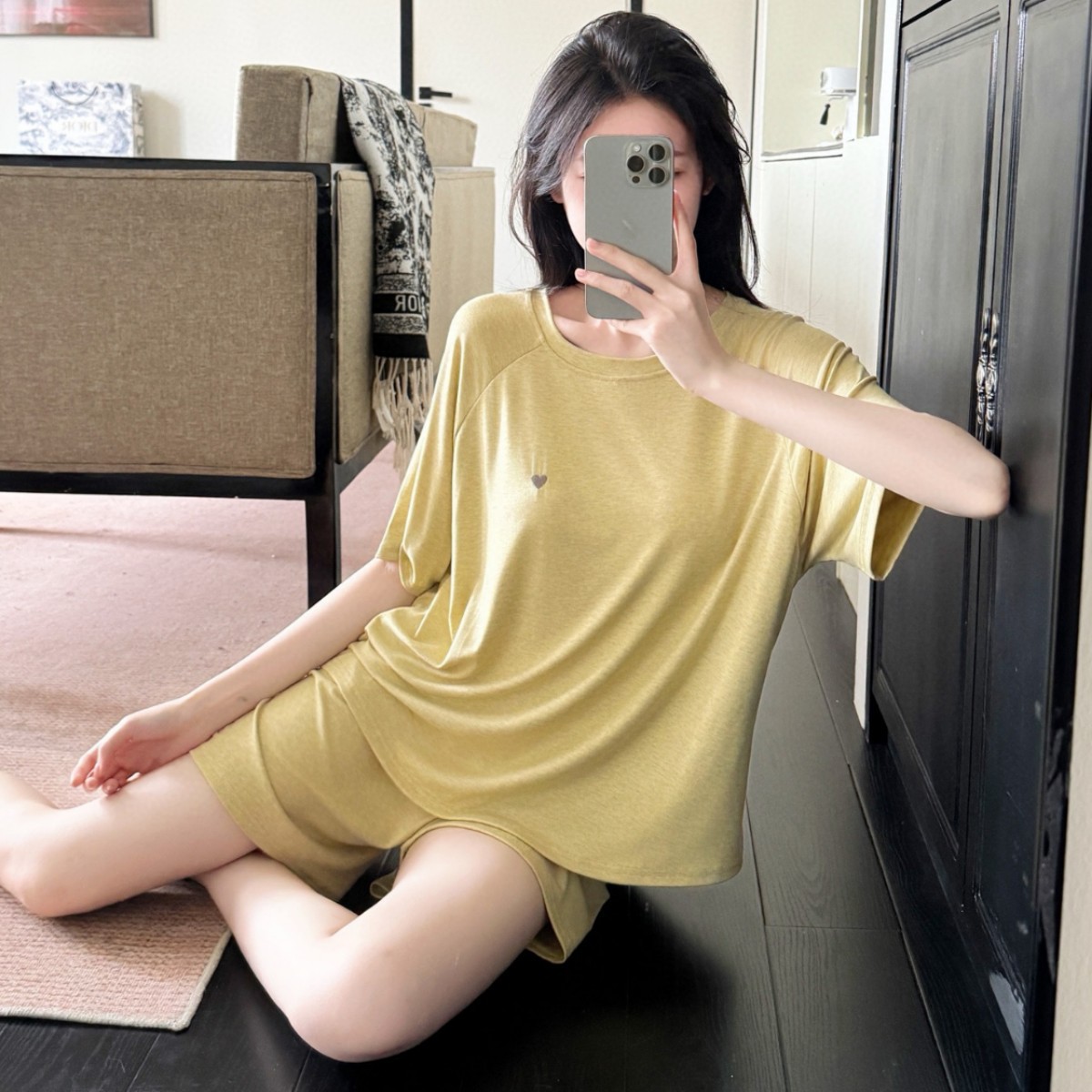 X204-New Modal Pajamas Women's Summer With Chest Pad Short Sleeve Shorts Simple Small Love Solid Color Home Clothes Set