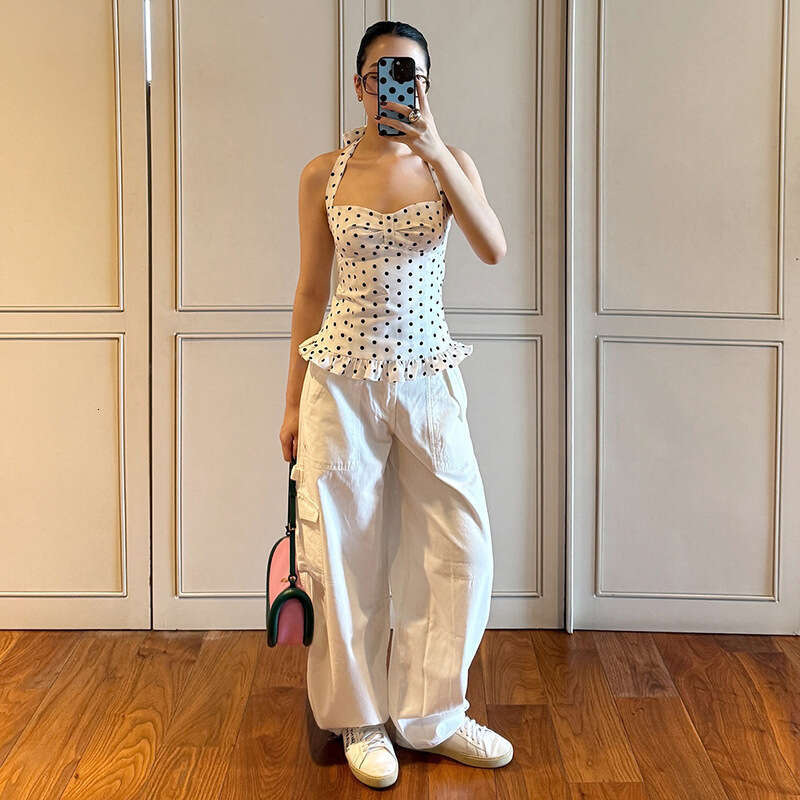 2025 Spring New Women's Solid Color Slim Fit Fashion Halter Neck Sleeveless Polka Dot Backless Vest for Women 014