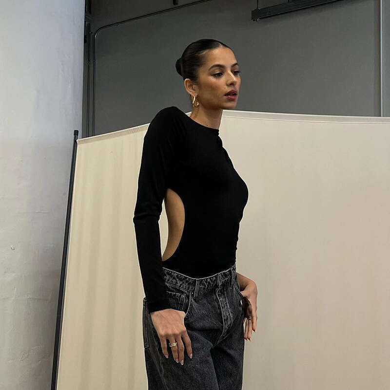 Y22bs533 Women's Autumn New Solid Color Casual Round Neck Single Shoulder Long Sleeve Backless Slim Fit Jumpsuit Top B5