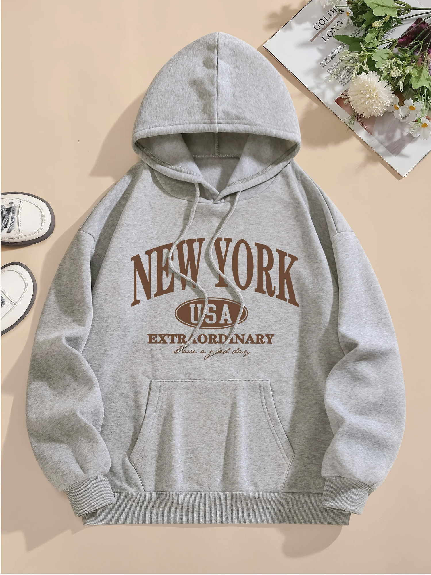 Letter Print Hoodie Drawstring Long Sleeve Casual Hooded Sweatshirt For Winter Fall Womens Clothing 250725