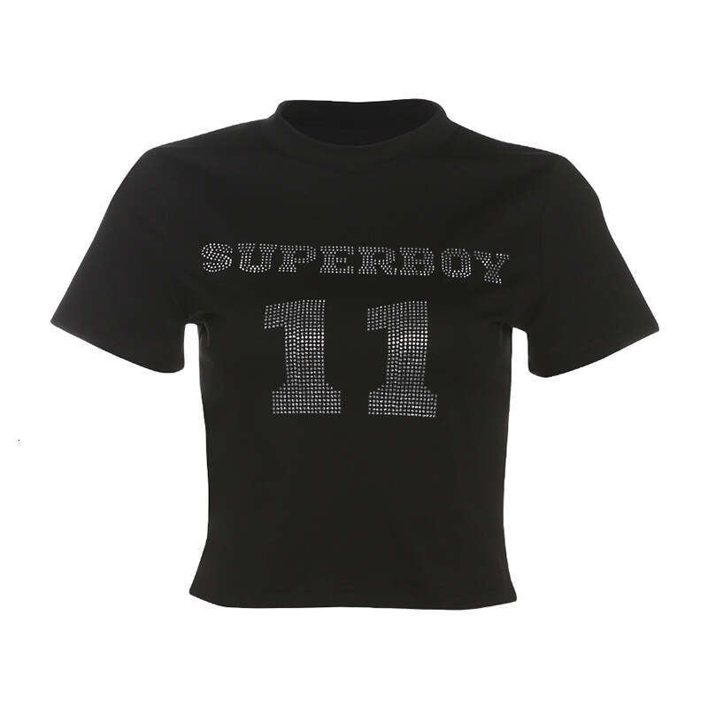 2025 Spring New Women's Fashion Solid Color Slim Street Style Round Neck Printed Short Sleeve Top fac