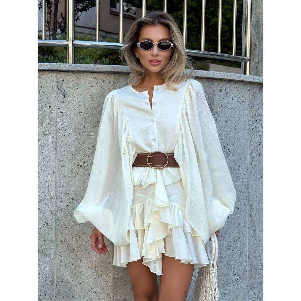 Designer Clothing 2025 Irregular Ruffled Edge Buttons Lantern Sleeve Dress Women Chic Pleated Chiffon O Neck Mini Gowns Lady High Street Vestidos 2025