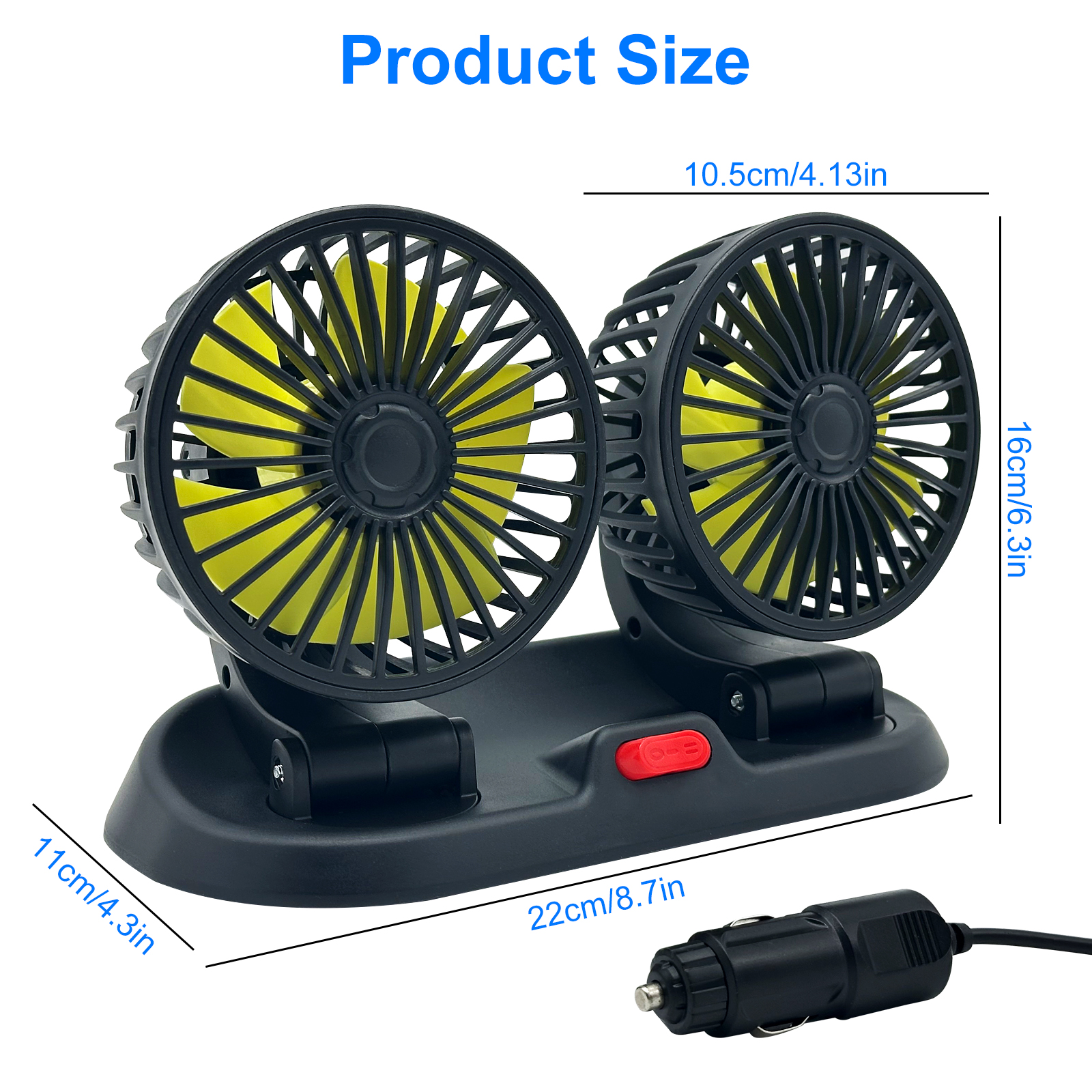Adjustable Car Cool Fan, Dual Head Design, 2-speed Adjustable, 360° Rotating Portable Car Fan,12V Cigarette Lighter Powered, Suitable for Caravan, Sed