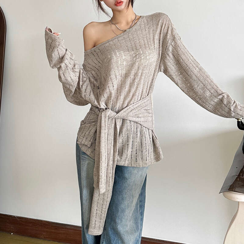 2024 Autumn New Women's Solid Color Loose Street Fashion Asymmetrical Neck Long Sleeve Backless Top 667