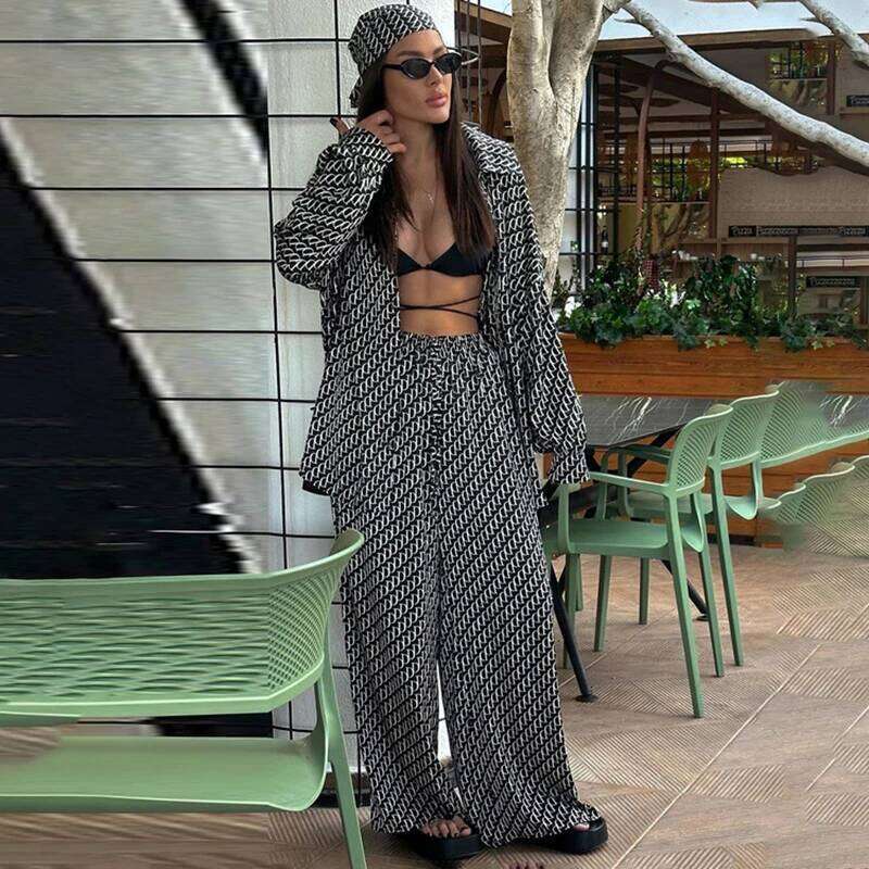 Designer Leisure High Quality Fashion Casual Satin Printing Two Piece Set Spring Women Long Sleeved Loose Shirt+High Waist Wide Leg Pants Street Summe
