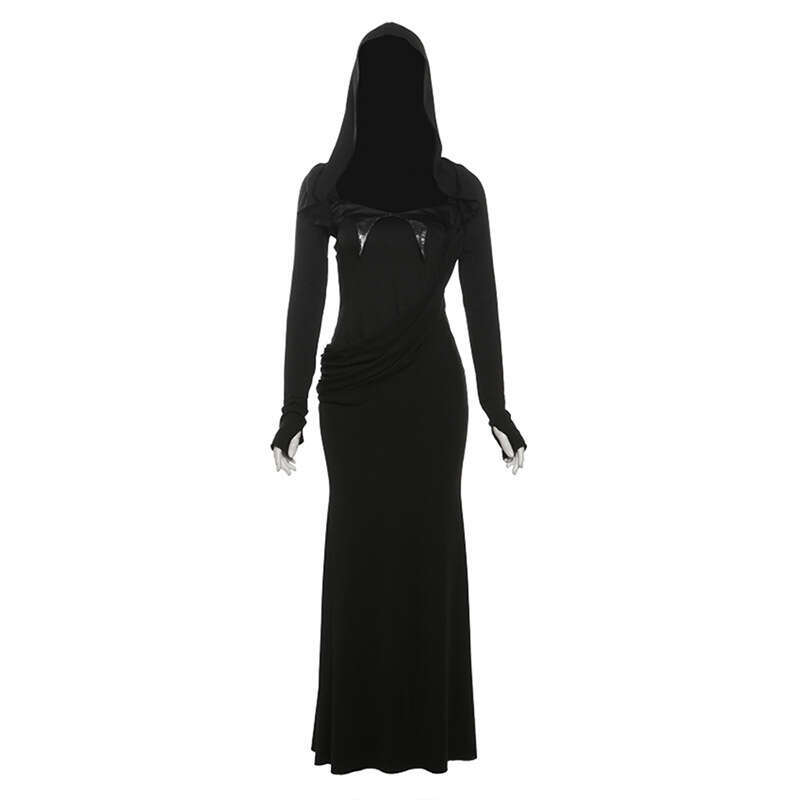 2024 Autumn New Women's Solid Color Slim High Waist Street Fashion Hooded Long Sleeve Dress de9