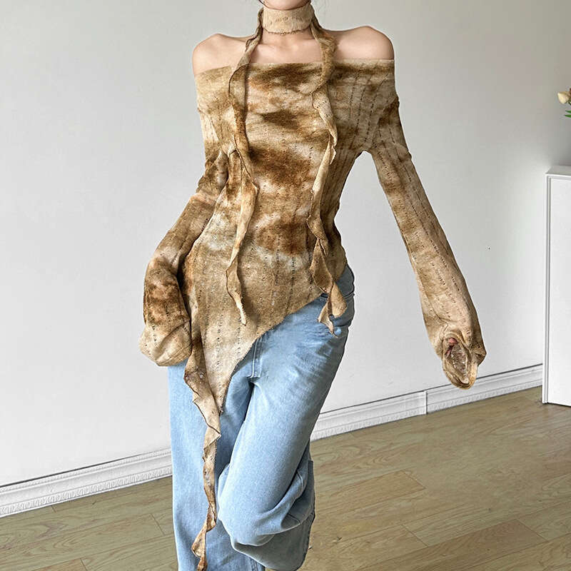 2024 Autumn New Women's Solid Color Slim Street Fashion Off-Shoulder Long Sleeve Top b5f