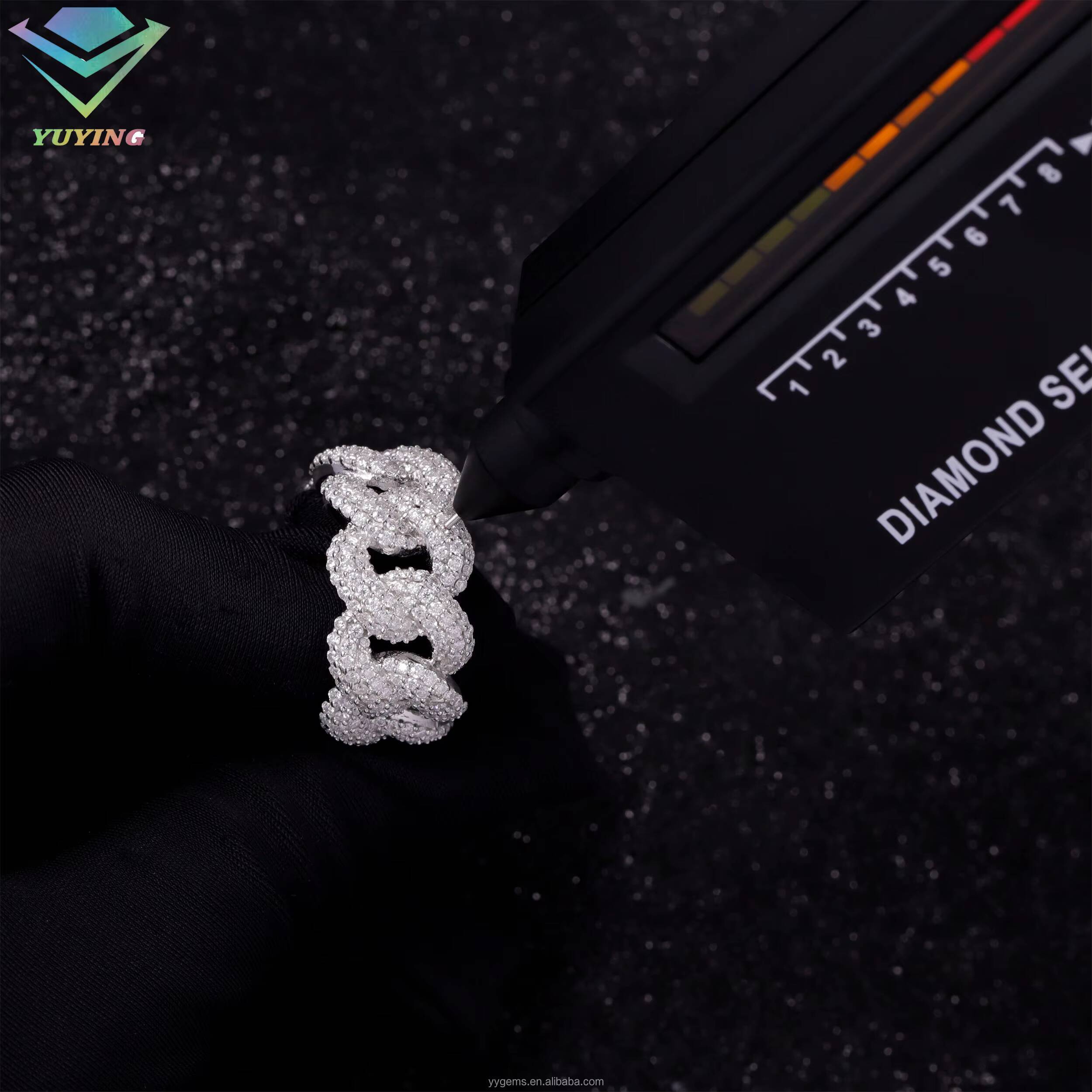 Yu Ying Pass Diamond Tester Hip Hop Bling D Color Moissanite Iced Out Mens 3 Rows Cuban Link Ring With 925 Sterling Silver GRA