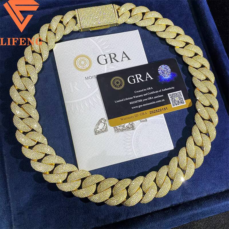 High Quality 23MM D VVS Moissanite Cuban Link Chain Iced Out Hip Hop Sterling Silver 925 Necklace Gold Plated Cuban Links Chains