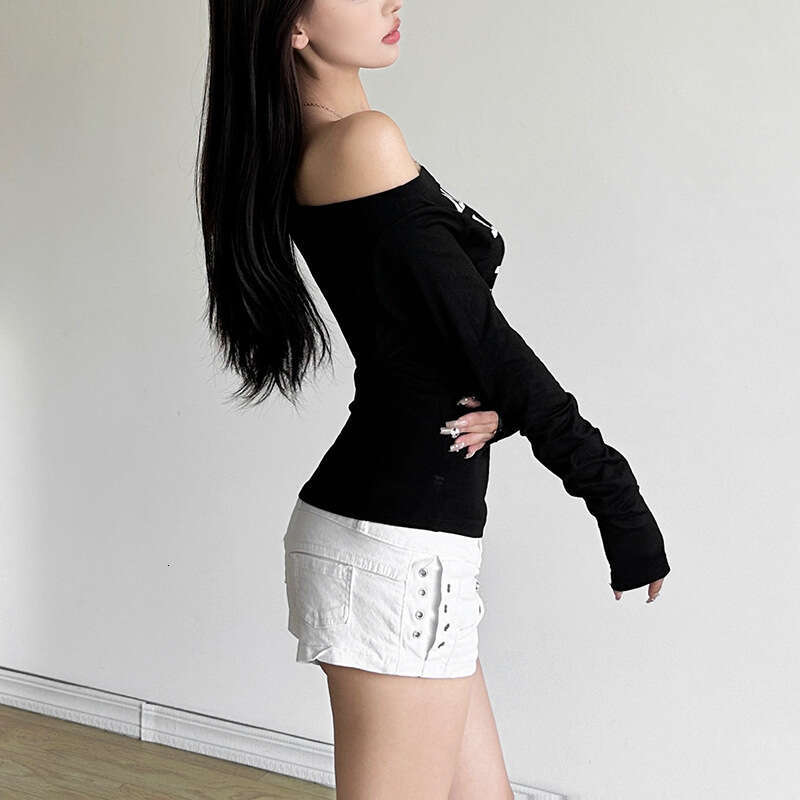 2024 Autumn New Women's Fashion Solid Color Slim Street Style Off-Shoulder Printed Long Sleeve Top 9a0