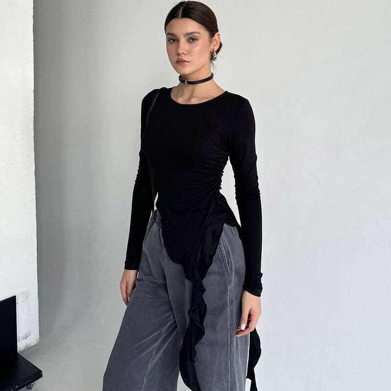 Gtp6 Women's Autumn New Solid Color Round Neck Ruffled Long Sleeve T-Shirt Top B5