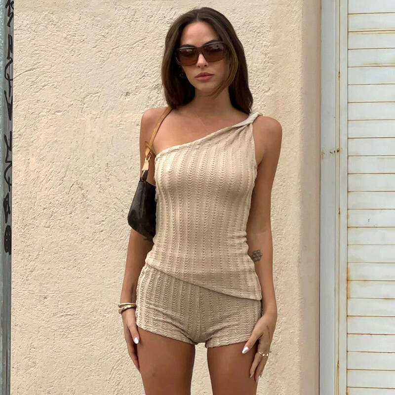 Yst030 Women's Summer INS New Solid Color One-Shoulder Sleeveless Backless Shorts Casual Sexy Set B5