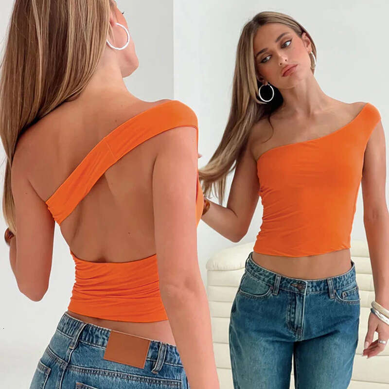 Qtp644 Women's Autumn Winter Crossbody Off-Shoulder Halter Multi-Way Backless Short Crop Top T-Shirt B5