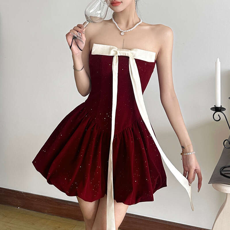 2024 Autumn Winter New Women's Solid Color Slim High Waist Fashion Off-Shoulder Tube Dress 2af