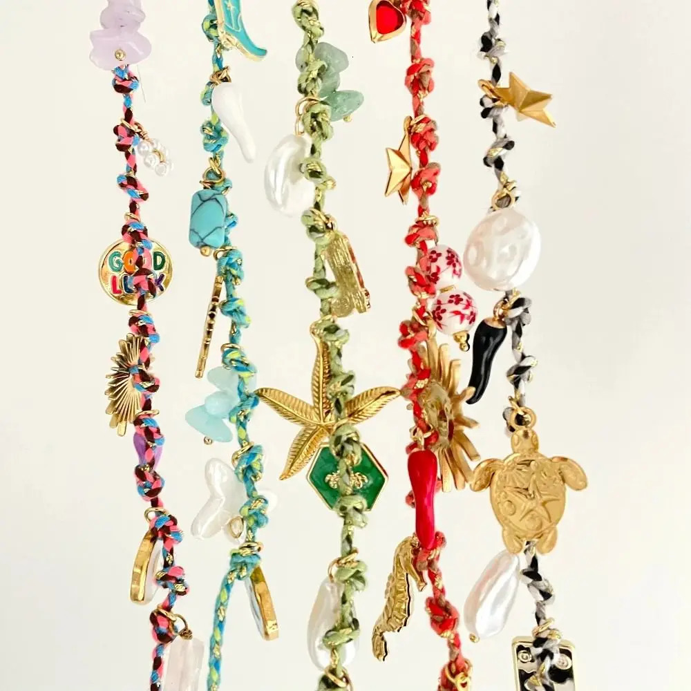 Fashion Copper DIY Knotting Rope Chain Colorful Pearl Accent Turtle Pendant Necklace Dopamine Style Beach Summer 250716