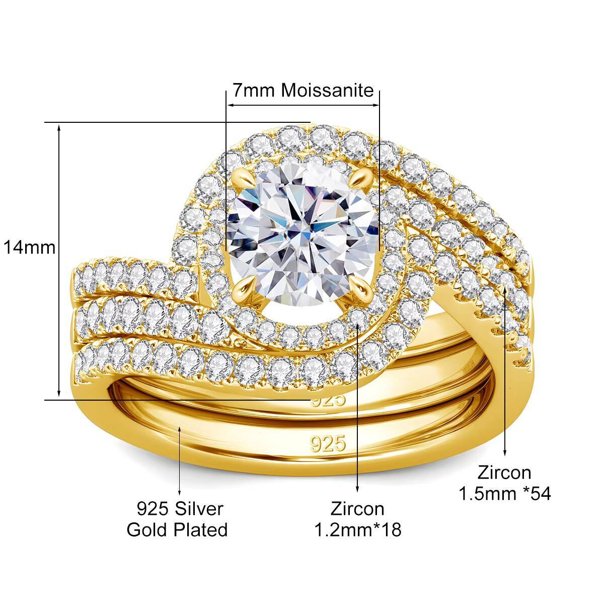 Luxury Rings 3pcs Set Wedding Engagement 925 Sterling Silver 18K Gold Woman Moissanite Diamonds Finger Ring