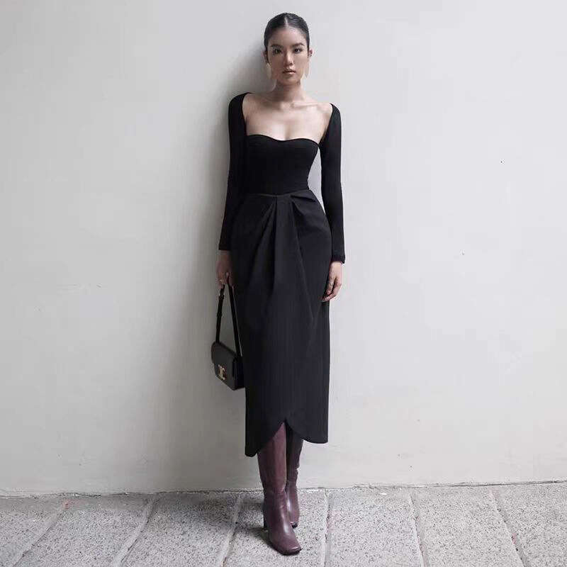 Women's Clothing 2024 Autumn Winter New Solid Color Sexy Long Sleeve Square Neck High Waist Dress for Women 315