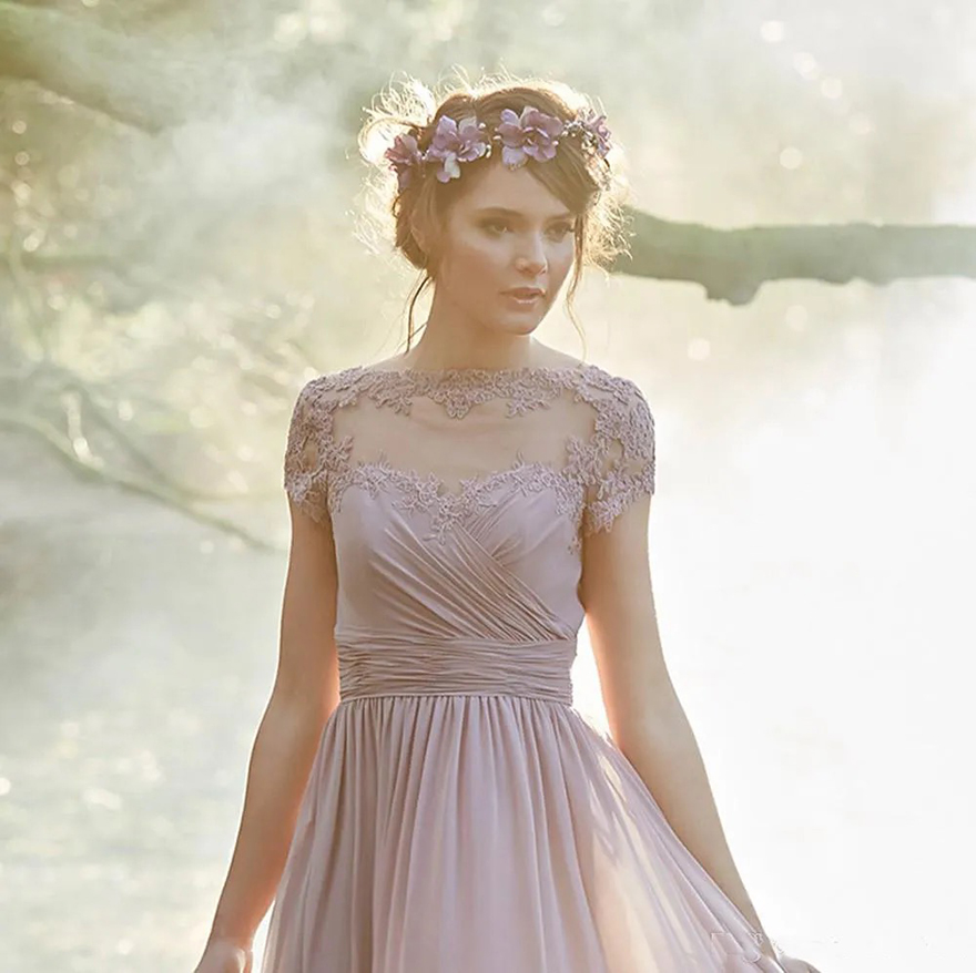 Dusty Pink Long Bridesmaid Dresses Pleated Chiffon Short Sleeves Boho Maid of Honor Gowns Wedding Guest Dresses